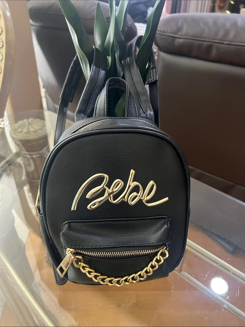 bebe Black Mini Backpack with Gold Script Logo & Chain